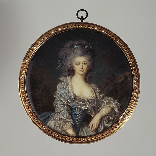 Portrait présumé de la comtesse d'Angiviller en robe bleue à dentelle, 1785, Jean-Baptiste-Joseph Letellier