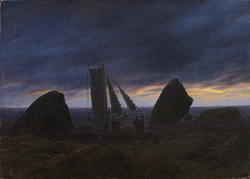 Bateau de pêche entre deux rochers sur la plage de la mer Baltique, 1830, Caspar David Friedrich