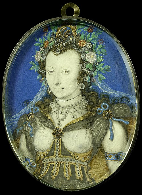 Portret van een vrouw in maskeradekleding als Flora, 1596, Isaac Oliver