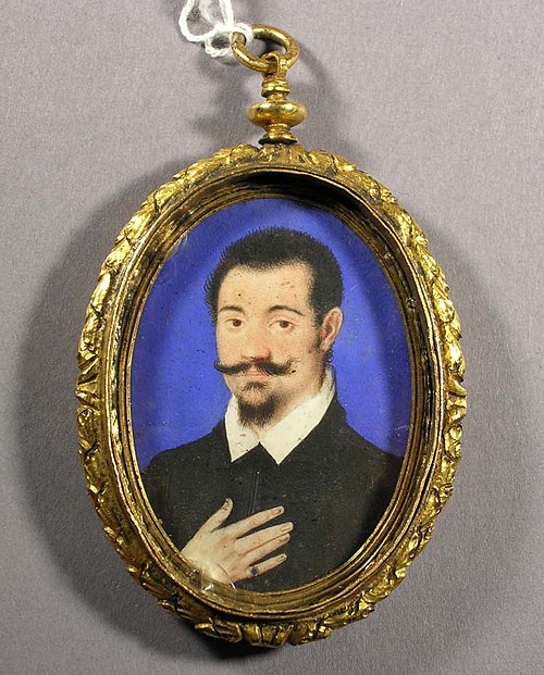 Portret van een onbekende heer in koperen medaillon, 1600, Isaac Oliver