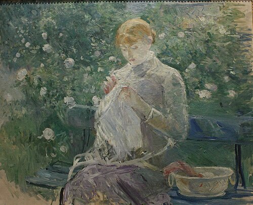 Pasie cousant dans le jardin de Bougival, 1881, Berthe Morisot
