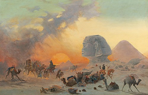 A caravan in the desert in a Simoom, 1866, Ippolito Caffi