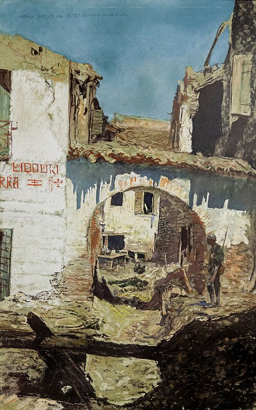 Street in Nervesa, 1918, Giulio Aristide Sartorio