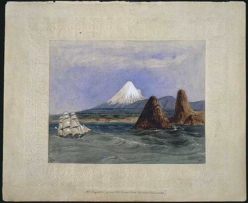 Mt Egmont, from the Sugar Loaf Islands, Taranake 1849, 1840, Charles Heaphy