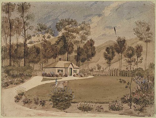 [The home of Mr & Mrs William Bishop, Maitai Valley], 1844, Charles Heaphy