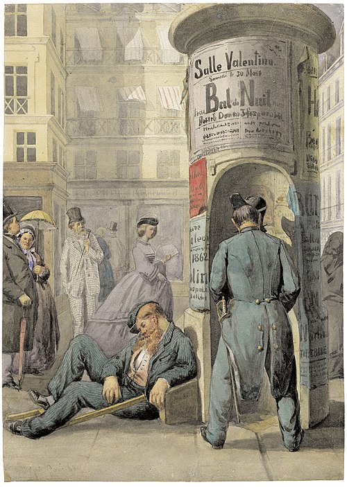Pariser Straßenszene mit Plakatsäule, 1860, Charles Hoguet