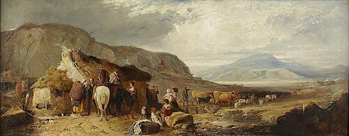Un paysage des Highlands avec des personnages et des animaux par un chalet, 1870, Charles Hoguet