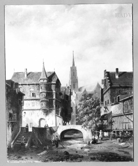 Part of a small town with figures, 1843, Charles Leickert
