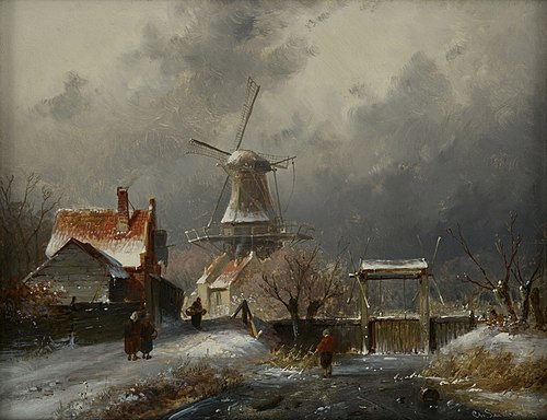 Bevroren sloot met schutsluis, , Charles Leickert