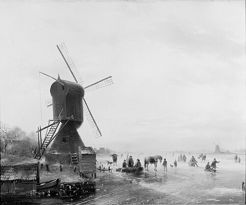Windmolen aan een bevroren waterweg met schaatsers, 1855, Charles Leickert