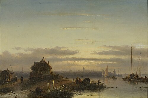 Riviermonding met stad in verschiet, 1849, Charles Leickert