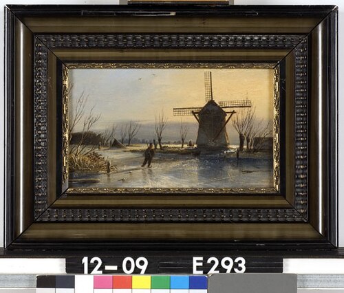 Wintertafereel met windmolen en schaatser, 1850, Charles Leickert