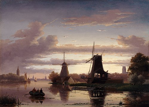 Windmolens aan een waterweg bij maanlicht, 1869, Charles Leickert