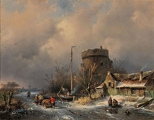 WInter Landscape With Round Tower and a Farm near a Frozen Canal, 1869, Charles Leickert