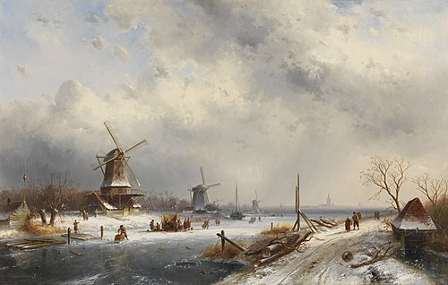 Winterlandschap met drie molens, 1877, Charles Leickert