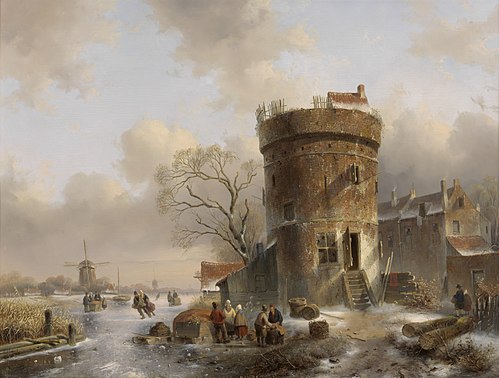 Winterlandschap met figuren op een bevroren rivier bij een toren, , Charles Leickert