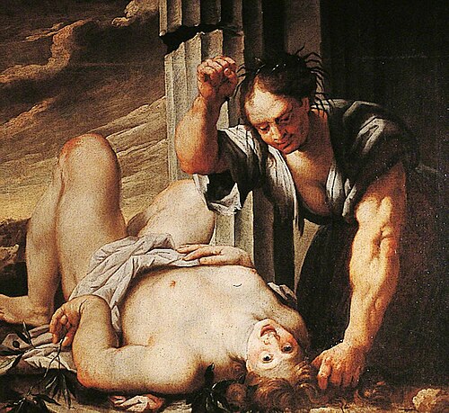 Two Figures against a Pillar, One Reclining Nude (The Triumph of Nature over Mankind), , Andrea Celesti