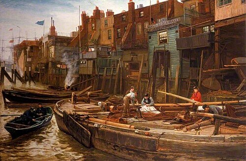London River, the Limehouse Barge-Builders, 1877, Charles Napier Hemy