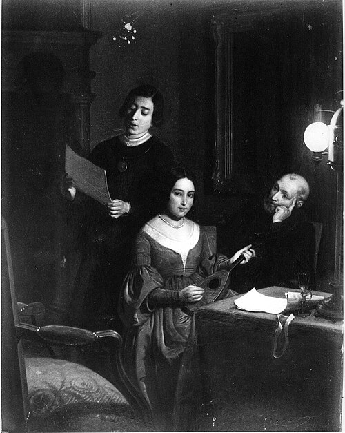 Een oude man luistert naar een jonge man en een meisje die muziek maken, 1837, Charles Van Beveren