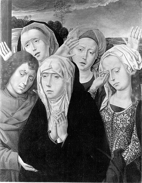 Diptiek met de kruisafneming: De wenende vrouwen en H. Johannes, 1487, Hans Memling