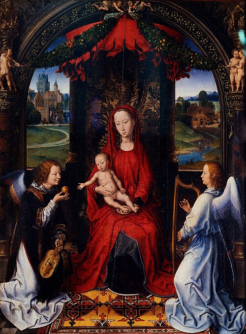 Madonna enthroned with child and two musical angels, 1480, Hans Memling