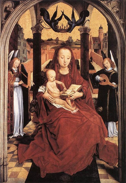 Virgin and Child Enthroned with two Musical Angels, 1465, Hans Memling