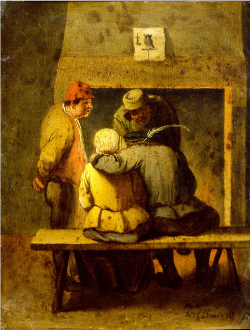 Four peasants in front of the hearth, 1650, Mattheus van Helmont