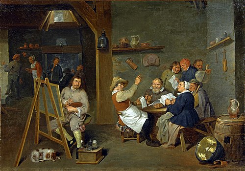 Self-portrait of an artist among a merry, drinking company of peasants in a tavern, 1650, Mattheus van Helmont
