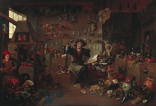 A savant in his cabinet, surrounded by chemical and other apparatus, examining a flask., , Mattheus van Helmont