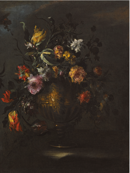A STILL LIFE OF ROSES, TULIPS AND OTHER FLOWERS IN A BRONZE VASE ON A STONE LEDGE, , Margherita Caffi