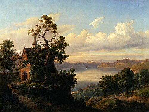Landscape with a lake and a Gothic church., 1863, Chrystian Breslauer