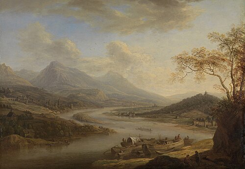 Rheinlandschaft mit Fischerbooten am vorderen Ufer, , Christian Georg Schütz
