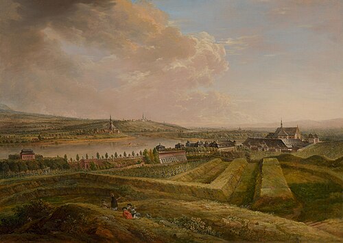 Blick auf das kurmainzische Lustschloss Favorite und die Kartause von Westen, 1784, Christian Georg Schütz