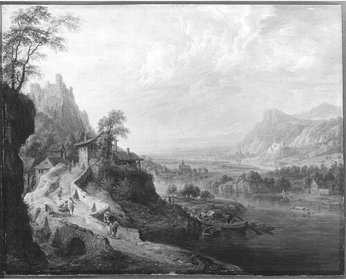 Flusslandschaft mit Mühle und Brücke, 1774, Christian Georg Schütz