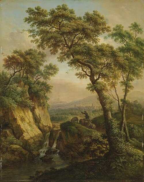 Flusslandschaft mit Wasserfall und Schafherde, 1780, Christian Georg Schütz