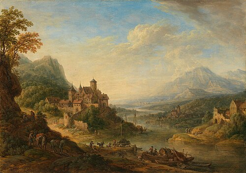 Flusslandschaft mit befestigter Stadt, 1778, Christian Georg Schütz