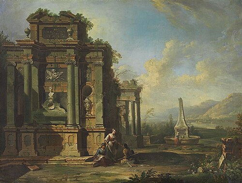 Ruinenlandschaft mit Grabmal und Brunnen, 1752, Christian Georg Schütz