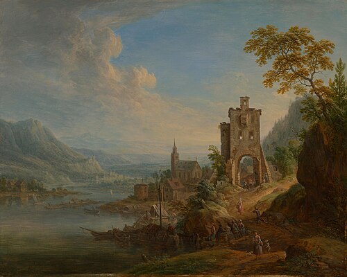 Flusslandschaft mit verfallenem Stadttor, 1774, Christian Georg Schütz