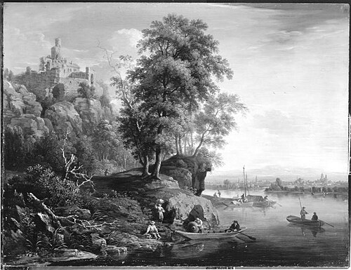 Flusslandschaft mit Burg, 1754, Christian Georg Schütz