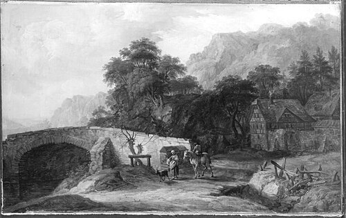 Gehöft und Steinbrücke vor einer Berglandschaft, 1754, Christian Georg Schütz