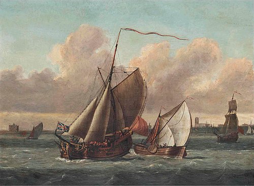 An Admiralty Yacht in crowded waters in a stiff breeze off Gravesend, 1725, L. de Man