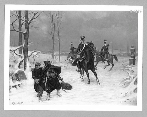 Winterlandschaft mit drei Ulanen und zwei gefangenen Franzosen, 1880, Christian Sell