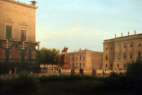 Berlin: View of the monument of Frederick the Great, together with environment, 1855, Wilhelm Brücke