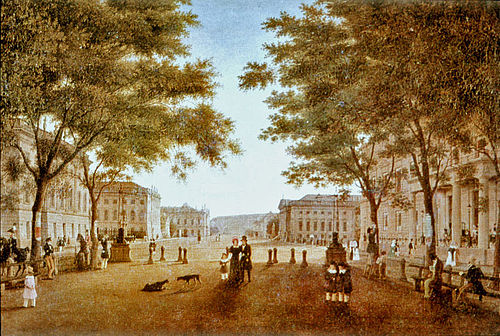 Straße Unter den Linden mit Schloss, 1839, Wilhelm Brücke