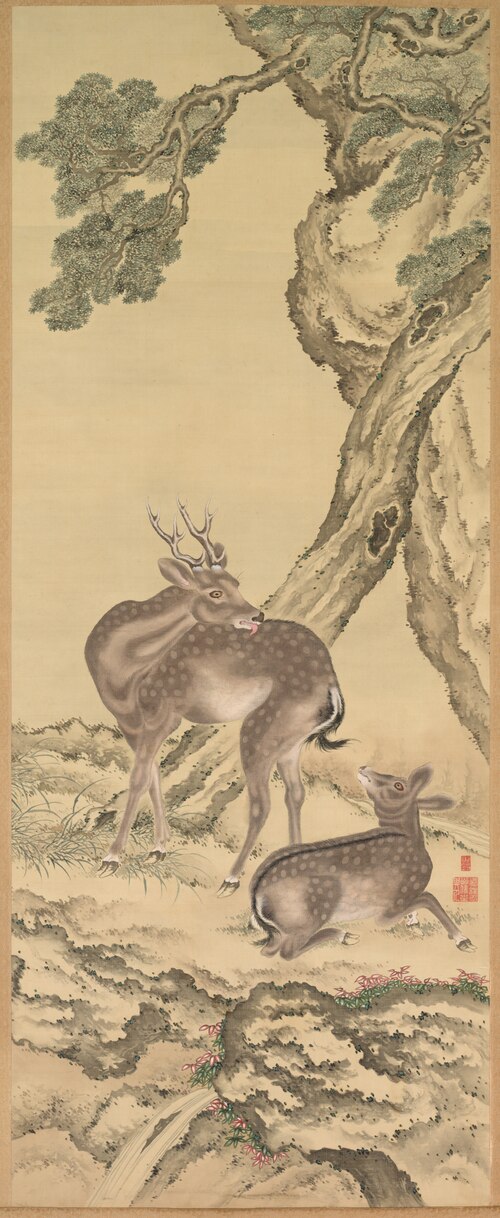 Symbols of Longevity: Deer under Peach and Pine (Peach) (left), 1801, Toda Tadanaka