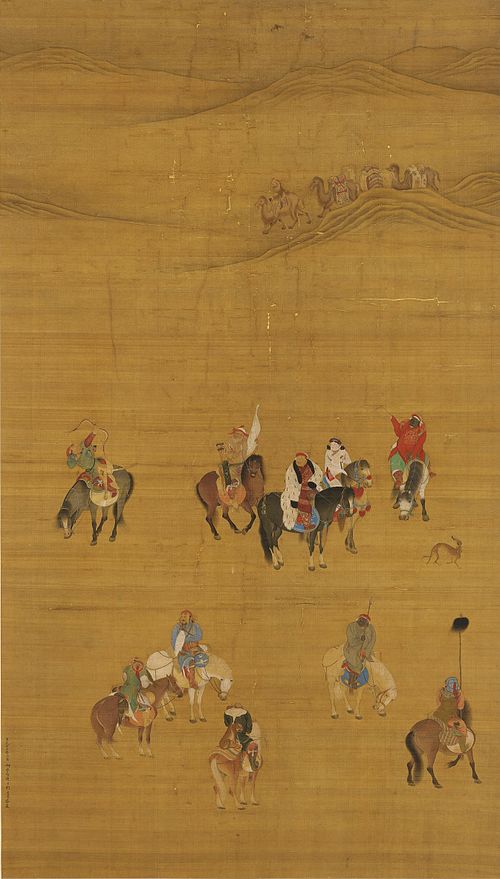 Peinture sur rouleau des ancêtres de la dynastie Yuan lors d'une campagne de chasse., 1280, Liu Guandao