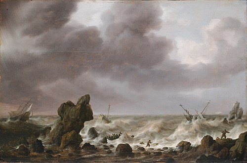 Ships in Distress on a Rocky Coast, 1630, Simon de Vlieger