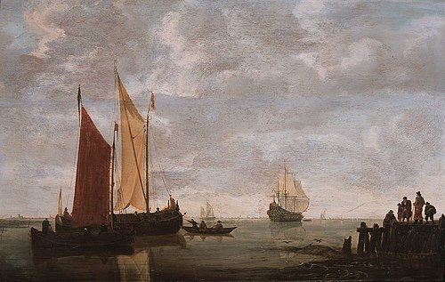 Sailing boats at the shore., 1650, Simon de Vlieger