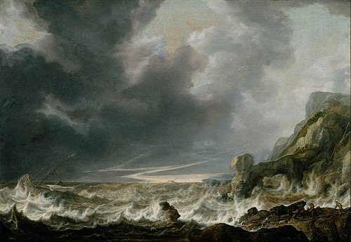 Ship in Distress off a Rocky Coast, 1645, Simon de Vlieger