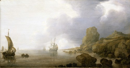 Ships Becalmed on a Rocky Coast, , Simon de Vlieger